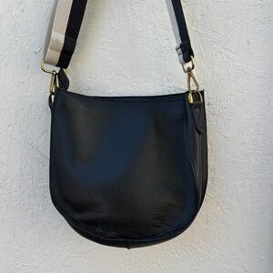 Madewell Black Leather Crossbody Bag with Striped Strap